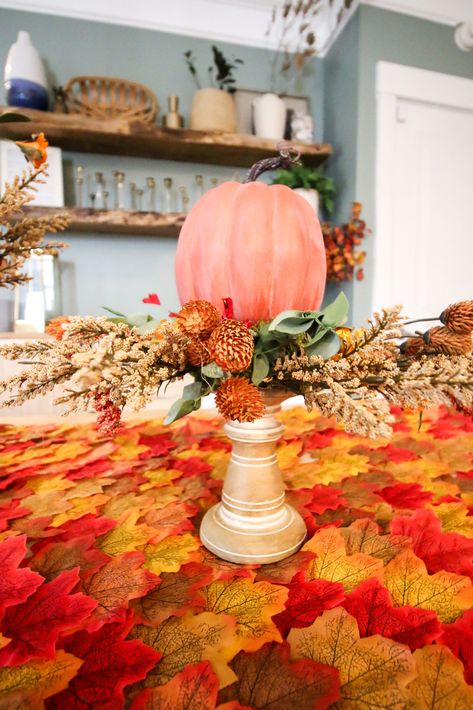 Pumpkin Candlesticks, Diy Candle Sticks, Candlestick Centerpiece, Pumpkin Display, Rustic Pumpkin, Autumn Display, Fall Tablescapes, Diy Pumpkin, Leaf Garland