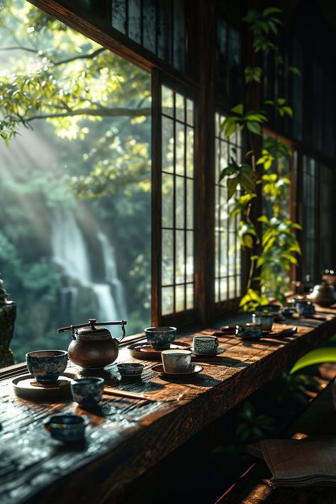 Traditional Japanese-Style Tea Rooms with a View of the Waterfalls Japanese Apothecary, Japanese Tearoom, Tea House Aesthetic, Japanese Tea Shop, Chinese Tea Room, Chinese Tea House, Rooms With A View, Tea Room Decor, Tea Japan