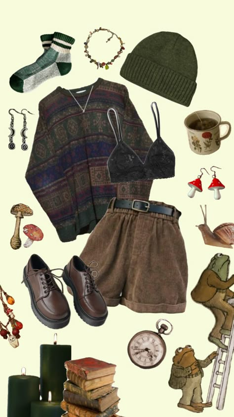 #goblincore #cozyfallvibes #outfitaesthetic Gnome Core Fashion, Goblincore Nonbinary, Paleontology Aesthetic Outfit, Goblincore Shoes, Goblincore Outfits Summer, Goblincore Fashion Summer, Goblincore Accessories, Naturecore Outfit, Goblincore Aesthetic Outfits