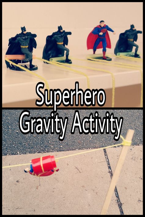 An easy introductory lesson on gravity for kids.  Get kids excited to learn about science with this superhero experiment! Superhero Science, Gravity Activities, Gravity Lessons, Superhero Lessons, Experiment Preschool, Katie Morag, Superhero Preschool, Gravity Experiments, Superhero Camp