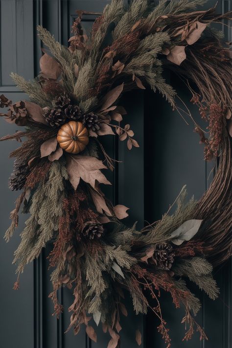 Gothic Door Wreath, Moody Christmas Wreath, Moody Wreath, Witchy Front Door, Moody Pumpkins, Dark Academia Christmas, Vintage Fall Decor, Moody Vibes, Dried Flower Wreath