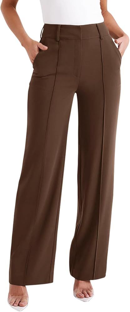 NIMIN Casual Office Work Pants Business Formal Suit Pants Comfy High Waisted Slacks Petite Lounge Trousers Tawny S at Amazon Women’s Clothing store Formal Stretch Pants, Wide Legged Formal Pants, Professional Pants Women, Women’s Work Trousers, High Waist Tailored Pants, Formal Dress Pants For Women, Teacher Dress Pants Outfits, Amazon Dress Pants, Business Casual Pants For Women