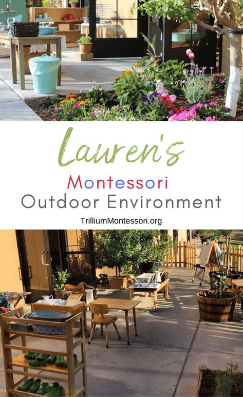 A tour of Lauren's outdoor Montessori classroom environment Montessori School Room, Montessori Garden Ideas, Outdoor Montessori, Small Montessori Classroom, Outdoor Classroom Ideas Preschool, Outdoor Homeschool, Montessori Outdoor Environment, Outdoor Preschool Environments, Montessori School Design