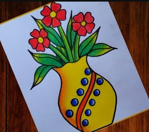 Flower pot easy drawing Flower Pot With Flowers Drawing, Flower Pot Art Drawing, Pastel Colour Drawing Easy, Flower Pot Drawing For Kids, Flower Pot Drawing Painting, Flower Pot Drawing With Colour, Easy Flower Pot Drawing, Flower Scenery Drawing, Flower Pot Design Drawing