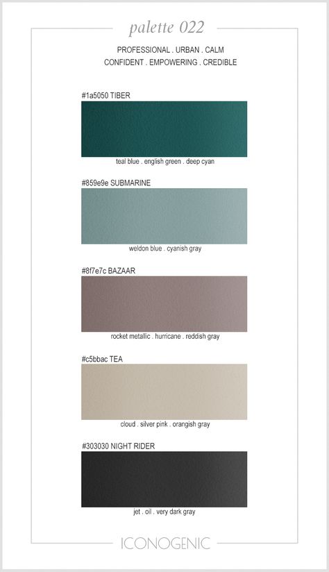 Business color palette by Iconogenic. Teal, Greige, Oil. Teal And Gray Color Scheme, Office Color Scheme Business Green, Teal Blue And Grey Bedroom, Teal Green Grey Color Palette, Teal Taupe Color Palette, Teal Accent Colors Colour Palettes, Grey Turquoise Color Palette, Petrol Blue Color Palette, Teal Home Color Palette