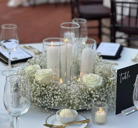 Floral Wedding Centrepiece, White Roses Baby’s Breath Centerpiece, Lambs Ear Centerpiece Wedding, White Rose Reception Decor, Elegant Chic Wedding Decor, Baby’s Breath And White Rose Centerpieces, Nikkah Centerpieces, Wedding Reception Table Florals, Minimalistic Wedding Florals