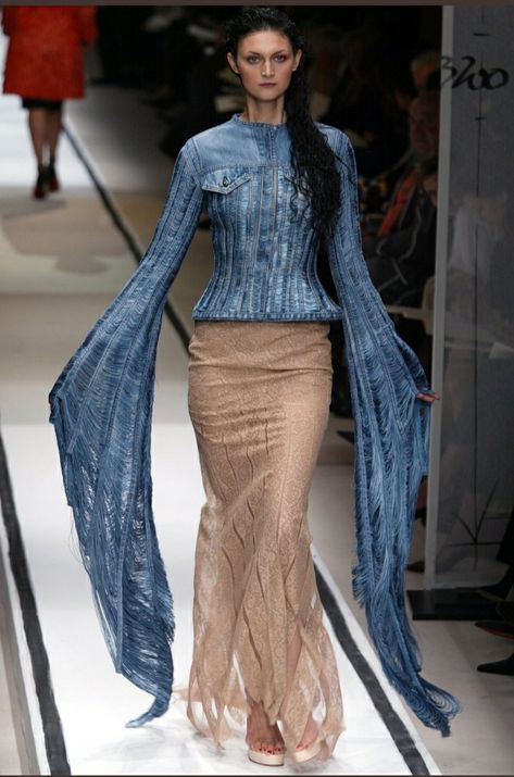 Distressed Fashion Runway, Denim Draping, Jennie Fits, Denim Moodboard, Denim Runway, Vintage Runway Fashion, Runway Denim, Jean Paul Gaultier Couture, Gaultier Couture