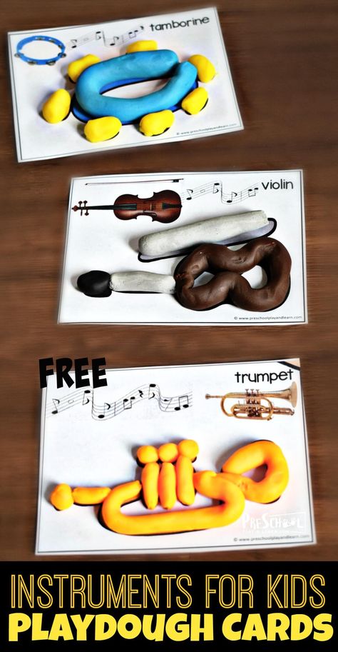 FREE Instruments for Kids Playdough Cards - these playdough mats are a fun way for toddler, preschool, kindergarten, and first grade kids to learn about musical instruments while having fun! #playdough #musicforkids #playdoughmats Preschool Music Activities, Instrument Craft, Music Activities For Kids, Kindergarten Music, Music Camp, Music Study, Piano Practice, Toddler Craft, Playdough Activities