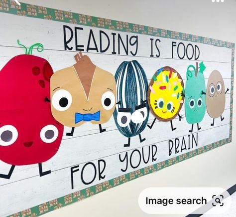 Literacy Week Bulletin Board Ideas, Love Of Reading Bulletin Board, Reading Is Food For The Brain Bulletin Board, Reading Week Bulletin Board Ideas, Book Characters Classroom Decor, Reading Classroom Doors, Classroom Reading Display, Book Theme Door Decorations Classroom, Warm Up With A Good Book Bulletin Board