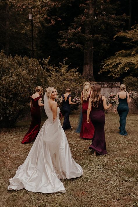 Twilight Wedding Bridesmaid, Jewel Tone Wedding Dress Code, Mismatched Autumn Bridesmaid Dresses, Mismatched Textured Bridesmaid Dresses, Moody Fall Wedding Bridesmaid, Moody Jewel Tone Wedding Bridesmaids, Dark Fairytale Wedding Bridesmaid, Mismatch Winter Bridesmaid Dresses, Witchy Wedding Bridesmaid Dresses