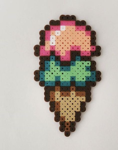 Ice Cream Cone Perler Bead Perler Bead Ice Cream, Perler Ice Cream, Pyssla Ice Cream, Ice Cream Perler Beads, Candy Perler Beads, Food Perler Beads, Hamma Beads Ideas, Easy Perler Bead Patterns, Easy Perler Beads Ideas