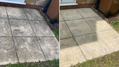 How to clean a patio without pressure washer: £5 solution leaves slabs sparkling Patio Cleaning Tips, How To Clean Concrete Patio, Patio Cleaning, Sandstone Pavers, Clean Concrete, Clean Patio, Powder Laundry Detergent, Pressure Washing Services, Patio Slabs