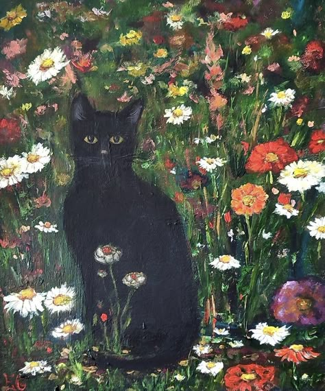 Black Cat Collage Art, Simple Black Cat Painting, Black Cat In Nature, Cats Cottagecore, Dark Cottagecore Aesthetic, Black Cat Painting, Cat Art Illustration, Black Cat Art, A Black Cat