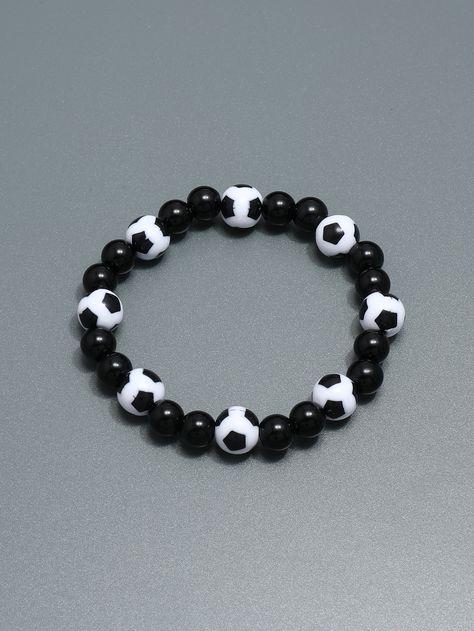 Black and White    Plastic  Beaded Embellished   Jewelry Football Related Gifts, Bracelet Ideas For Boys, Ideas Para Pulseras, Soccer Bracelets, Boy Bracelets, Bracelets For Boys, Soccer Bracelet, Boys Bracelet, Bracelet For Boys