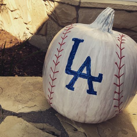 World Series Halloween! Baseball painted pumpkin. La Dodgers Pumpkin, Dodgers Pumpkin Painting, Baseball Pumpkin, Baseball Painting, Halloween Pumpkin Designs, Pumpkin Designs, Painted Pumpkin, Pumpkin Design, Painted Pumpkins