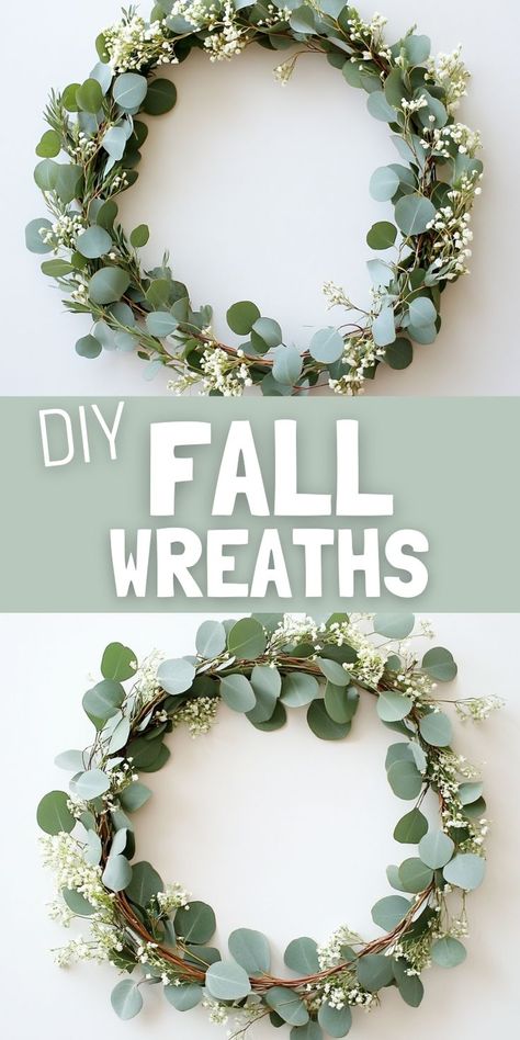 a Minimalist Eucalyptus Wreath. Select eucalyptus sprigs with a soft, muted green color for a minimalist vibe. With a  few white or cream-colored flowers. Text overlay reads DIY fall wreaths. Diy Autumn Wreaths, Eucalyptus Wreath Diy, Diy Fall Wreaths, Homemade Wreaths, Cotton Wreath, Diy Fall Wreath, Eucalyptus Wreath, Wreath Fall, Autumn Wreaths