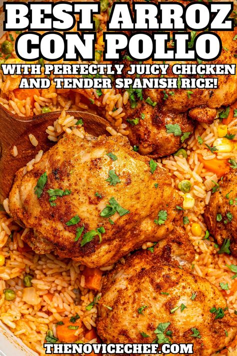 Ultra fluffy and packed with veggies, this tomatoey arroz con pollo with spicy rubbed chicken will become your new favorite dinner. Served on its own or topped with salsa, every bite is bursting with Mexican flavors. To make things easier, you can use shredded chicken or canned veggies, just don't tell anyone! Chicken Recipes Mexican Authentic, Goya Chicken And Rice, Spanish Chicken And Rice Arroz Con Pollo, Mexican Chicken And Rice Skillet, Mexican Food Recipes Authentic Chicken, Spicy Rice Chicken Recipes, Chicken Spanish Recipes, One Pot Mexican Chicken And Rice, Chicken And Mexican Rice Recipe