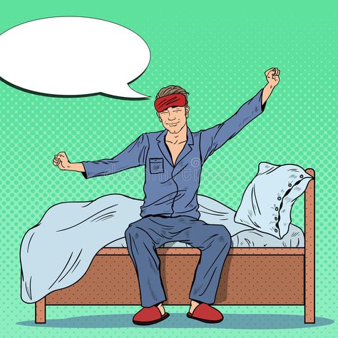 Pop Art Happy Man Stretching on Bed after Waking Up. Vector illustration stock illustration Waking Up From Bed Drawing, Sitting On Bed Drawing, Waking Up Drawing, Wake Up Illustration, Man Stretching, Pro Create, Happy Man, Boy Drawing, Comic Pictures