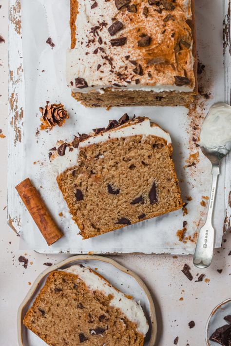 Chai Chocolate Chunk Loaf Cake (Vegan Gluten-Free) - Nourishing Amy Gluten Free Loaf Cake Recipes, Gluten Free Loaf Cake, Vegan Loaf Cake, Gluten Free Loaf, Chai Chocolate, Vegan Loaf, Chai Cake, Whipped Cream Topping, Loaf Cake Recipes