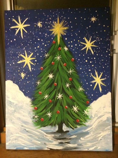 Christmas Present Painting, Christmas Acrylic Painting Easy, Kids Christmas Painting, Xmas Drawing, Christmas Tree Canvas, Diy Christmas Paintings, Christmas Canvas Art, Christmas Paintings On Canvas, Christmas Tree Painting