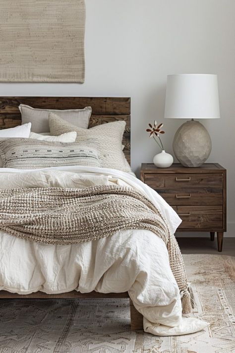 17 Neutral Bedroom Ideas That Will Make You Want to Stay In Bed All Day Neutral Pillows On Bed, Organic Modern Bedding, Chic Neutral Bedroom, Bed Textiles, Neutral Bedding Ideas, Room Divider Living Room, Boho Farmhouse Bedroom, Neutral Bedroom Ideas, Room Separation