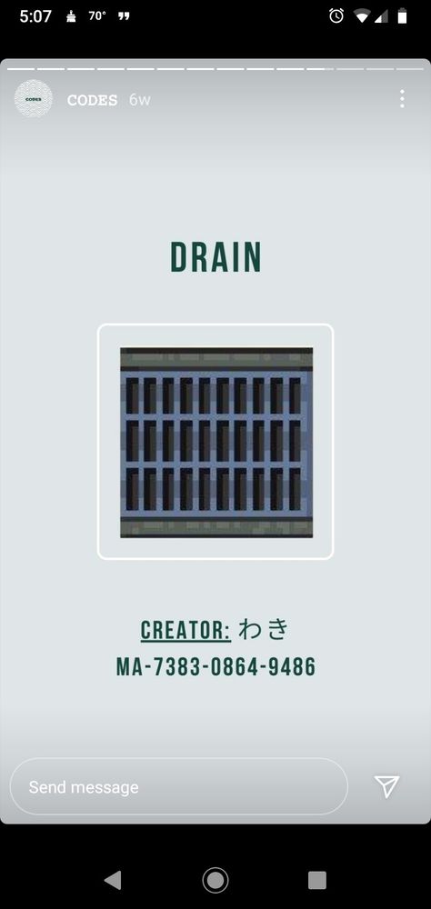 Drain Acnh Code, Acnh Drain Design, Acnh Drain Code, Acnh Island Design Ideas, Island Design Ideas, Acnh Qr Codes, Acnh Design Codes, Acnh Design, Animal Crossing Pocket Camp