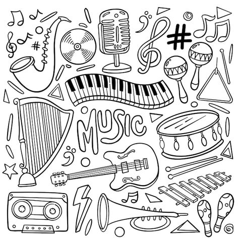 Doodle Art Music, Music Instruments Drawing, Piano Doodle, Music Doodle Art, Music Instruments Illustration, Card Doodles, Piano Vector, Music Vector Illustration, Instruments Drawing