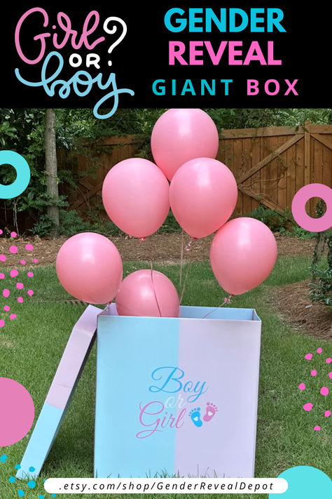 Giant Gender Reveal Box Gender Reveal Box Ideas, Reveal Outfits, Gender Reveal Box, Gender Reveal Outfits, Boy Gender Reveal, Gender Reveal Decorations, Box Ideas, Banners Signs, Gender Reveal