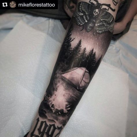 Top 100 Best Tent Tattoos For Women - Camping Design Ideas Tricep Cover Up Tattoo, Camping Scene Tattoo, Tent Tattoo, Camping Tattoo Ideas, Campfire Tattoo, Camping Tattoo, Nature Tattoo Sleeve, Forest Tattoos, Cool Tents