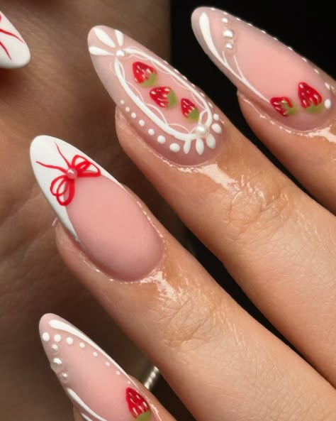 in lovee🥹🍓 . . . #nailart #nails #nailsofinstagram #nailaddict #naildesigns #naillove #strawberry #strawberrynails #whitenails #rednails Chocolate Covered Strawberries Nails, Strawberry Shortcake Inspired Nails, Strawberry Theme Nails, Strawberry Themed Nails, Strawberry Almond Nails, Nail Page Ideas, Cute Strawberry Nails, Strawberry Nails Acrylic, Strawberry Nails Designs