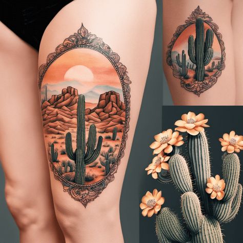 Desert Arm Tattoo, Arizona Sunset Tattoo, Moab Tattoo Ideas, Big Bend Tattoo, Western Floral Tattoo Sleeve Ideas, Cactus Desert Tattoo, Western Landscape Tattoo, Desert Themed Tattoos, Arizona Flag Tattoo