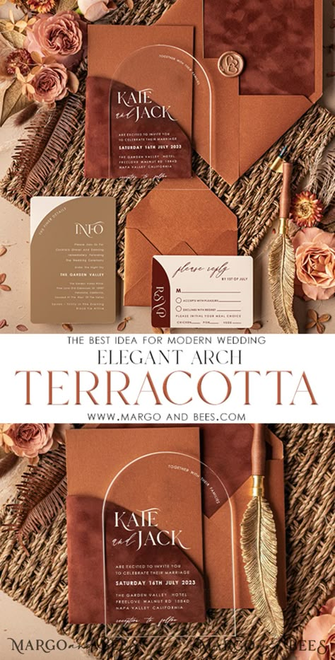 $9.00 Terracotta Wedding Aesthetic, Terracotta Wedding Stationery, Terracotta And Sage Wedding Invites, Wood Invitation Wedding, Sunset Terracotta Wedding, Elegant Fall Wedding Ideas, Elegant Fall Wedding Invitations, Copper Wedding Theme, Fall Wedding Aesthetic