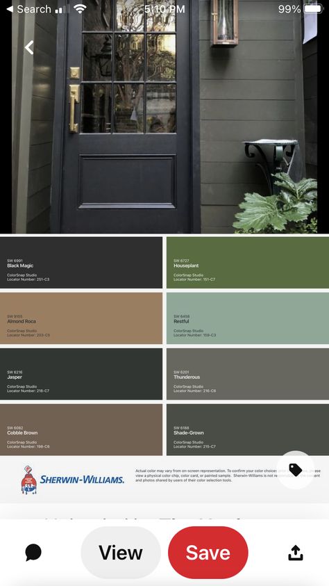 Brown Grey House Exterior, Black And Tan Home Exterior, Outside House Colour Ideas, Olive Green House, Sherwin Williams Paint Neutral, Outside Sheds, Green House Exterior, Outside House Colors, Red Roof House