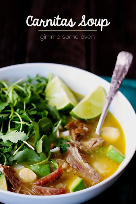 Carnitas Caldo (Carnitas Soup) -- simply the BEST! | gimmesomeoven.com #soup Carnitas Soup, Spicy Soup Recipes, Meat And Vegetables, Spicy Soup, Diner Recept, Breakfast And Brunch, Savory Soups, Soup And Stew, Delicious Soup