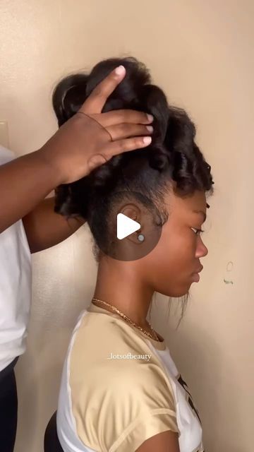 VoiceOfHair ®️ on Instagram: "There is beauty in simplicity 😍⁣⁣ ⁣⁣ Love this updo by @_lotsofbeauty on her daughter💕⁣Such a cute and classic style for her homecoming dance🥰 Her hair is so healthy and this style is  age appropriate 👏🏾⁣ ⁣⁣ Drop a ❤️ if you love it as much as we do✨ #voiceofhair⁣⁣ ⁣⁣ #updo #messybuns #kidshair #homecominghair #curlybun #ponytails #silkpress #hairtutorials #curlybun #bangs #bridalhairstyles #silkpressedhair #weddinghair" Updo On Black Hair, Black Women Hair Updo, Pin Curl Ponytail Updo Black Hair, Birthday Updo Hairstyles, Silk Press Updo Hairstyles, Hair Updos For Black Women, Messy Updo Black Women, Natural Hair Updo For Black Women, Easy Updos For Medium Hair For Beginners