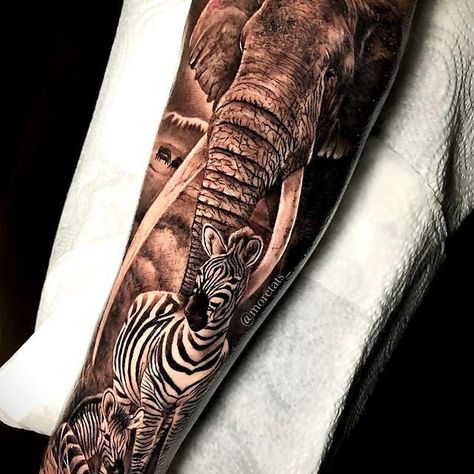 African Theme Sleeve Tattoo, African Jungle Tattoo, Safari Theme Tattoo, African Theme Tattoo, Safari Tattoo Ideas, Safari Sleeve Tattoo, African Animal Tattoo, Safari Tattoo Design, Wild Life Tattoos