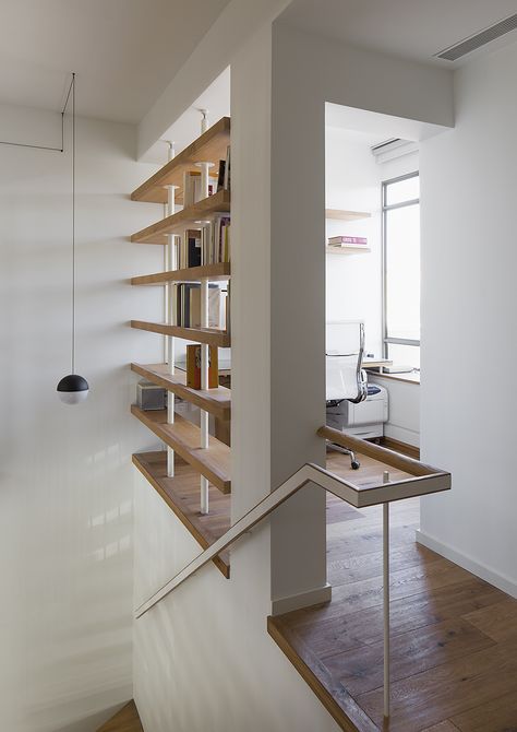 wood and steel handrail and FLOS pendant light Stair Landing Storage Ideas, Flos Pendant Light, Flos Pendant, Oak Cladding, Stair Shelves, Steel Handrail, Wood And Steel, Home Library Design, Concrete Furniture