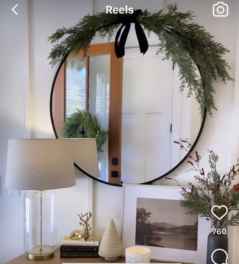 Christmas Greenery Around Mirror, Mirror Wreath Christmas, Garland On Circle Mirror, Round Mirror With Greenery, Christmas Wreath For Mirror, Mirror Holiday Decor, Christmas Decor Round Mirror, Round Mirror Garland, Garland Over Round Mirror