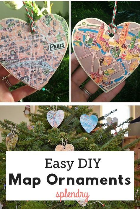 These easy to make map ornaments will look great on the tree, but will also be a fun reminder of all your travels! #diy #easydiy #christmasdiy #christmascrafts #mapornaments Map Christmas Ornaments Diy, Travel Christmas Ornaments Diy, New York Ornaments Diy, Travel Ornaments Diy, Map Ornaments Diy, Diy Travel Ornaments, Travel Christmas Tree, Disney Map, Diy Map