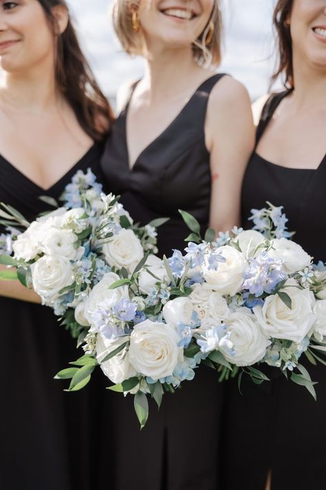 These black bridesmaids dresses in varying styles paired with white and blue florals + greenery made for the perfect classy coastal New England look, perfect for an oceanside wedding like this one at Castle Hill Inn in Newport, RI! Black Blue White Wedding, Light Blue Black And White Wedding, Black White And Blue Wedding, Blue Black And White Wedding, Black And Blue Wedding, Delphinium Wedding, Navy And White Wedding, Black Bridesmaids Dresses, Sunny Fall Day