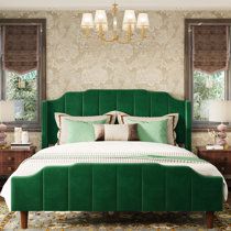 Willa Arlo Interiors Sonoma Velvet Upholstered Bed with Tufted Headboard | Wayfair Full Xl Bed, Emerald Green Bed, Curved Headboard Bed, Green Bed Frame, Green Velvet Headboard, Apartment Bedroom Inspiration, Bedroom Anthropologie, Green Velvet Bed, Mid Century Style Bedroom