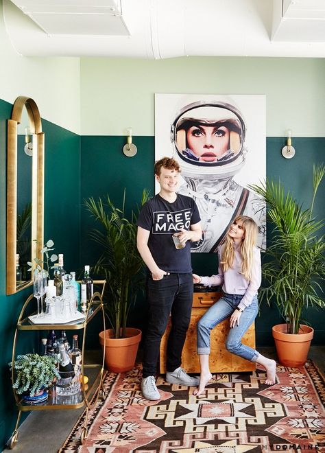 Carlson Young in her eclectic living room with two-tone forest green walls, a large astronaut print, a large gold mirror, and a rug Small Apartment Tour, Carlson Young, Two Tone Walls, Decor Ikea, Eclectic Bedroom, Eclectic Living Room, Dream Apartment, Green Rooms, Bath Room