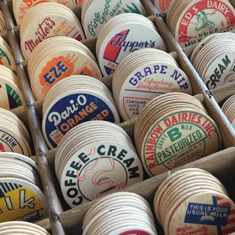 Moxie on Instagram: “milk bottle caps #milk #milkman #circles #vintageadvertising #vintagetype #coffee #milkdelivery #oldstuff #dairy #farm #ephemera #oldpaper…” Cap Packaging Ideas, Old Milk Bottles, Typography Design Inspiration, Beer Logo, Dairy Farm, Graph Design, Vintage Packaging, Old Logo, Beer Design