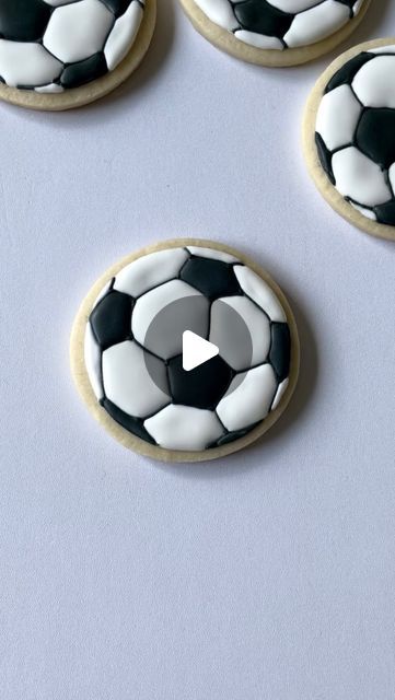 Kate Wojtkowski on Instagram: "Soccer ball Cookies ⚽️   #soccer #soccerballcookies #sugarcookies" How To Make Soccer Ball Cookies, Soccer Ball Cookies Decorated, Soccer Ball Sugar Cookies, Soccer Cookies Decorated, Soccer Cupcake Ideas, Soccer Sugar Cookies, Soccer Ball Cookies, Soccer Cookies, Soccer Cupcakes