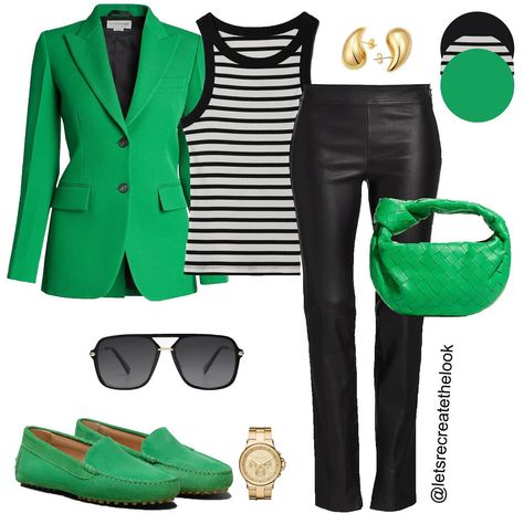 Green x White x Black - 10 Outfit Ideas 💚🤍🖤 This set of looks is all about remixing! By simply changing your shoes, or changing the completer piece (blazer, jacket or cardigan), you can change your look for the appropriate occasion. Do you have certain colors in your wardrobe that you love. Do you have a favorite color that makes you feel good? Buy that color shoe in different styles that fit your lifestyle! For example I love green, so I have all of these shoes pictured. I can wear the heel... Navy Blue And Green Outfits, Black And White Blazer Outfit, Cardigan Work Outfit, Tee Outfit Casual, Doctor Clothes, Sneakers For School, Green Blazer Outfit, Monday Fashion, White Blazer Outfits