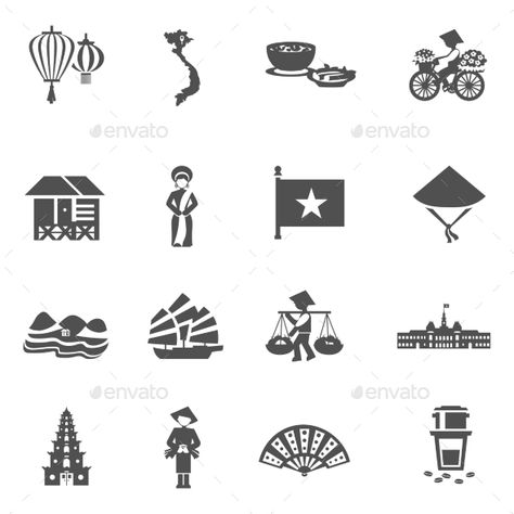 Vietnamese Black White Icons Set — Vector EPS #network #people • Available here → https://graphicriver.net/item/-vietnamese-black-white-icons-set-/12638100?ref=pxcr Vietnamese Tattoo Ideas, Vietnamese Tattoo, Vietnam Tattoo, Vietnamese Culture, Coffee Icon, Vietnam Art, Flowers Coffee, White Icons, Flat Icons Set