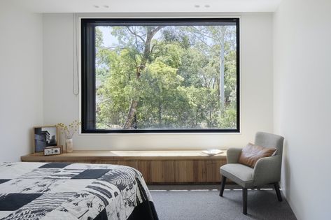 Laurel Grove by Kirsten Johnstone Architecture - Dwell Bright White Interior, Black Window Frames, Melbourne Home, Timber Battens, Dark Grey Walls, Picture Window, Open Plan Living Room, Melbourne House, Timber Cladding