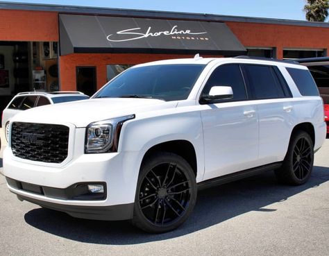 Yukon Denali White Black Rims White Gmc Yukon Denali With Black Rims, White Yukon Denali Blacked Out, White Tahoe With Black Rims, Custom Tahoe, White Tahoe, White Suv, Gmc Denali, Gmc Yukon Denali, Yukon Denali