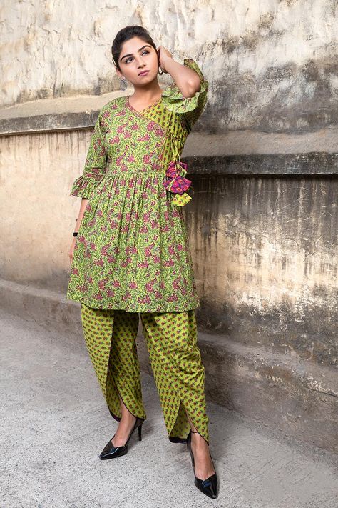 Floral Block Print Peplum Kurta With Dhoti Pants-Upvanika — The Saffron Saga Angrakha Peplum Top, Peplum Kurti With Dhoti Pants, Peplum Top With Dhoti Pants, Peplum With Dhoti, Peplum Top With Pants, Kurti With Dhoti Pants, Tulip Dhoti, Angrakha Style Kurti, Trending Suits