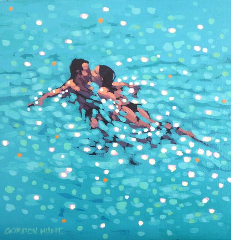 People Swimming Painting, Gordon Hunt Art, Gordon Hunt Artist, People Kissing Painting, Turquoise Illustration, Swim Painting, Gordon Hunt, Ideas Painting Canvas, Swimming Painting